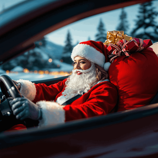 woman Santa Claus driving a car with presents in the back seat